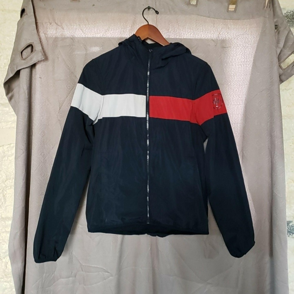 Tommy Hilfiger Jacket Mens XS Navy Blue Hooded Stripe Full Zip Windbreaker Logo